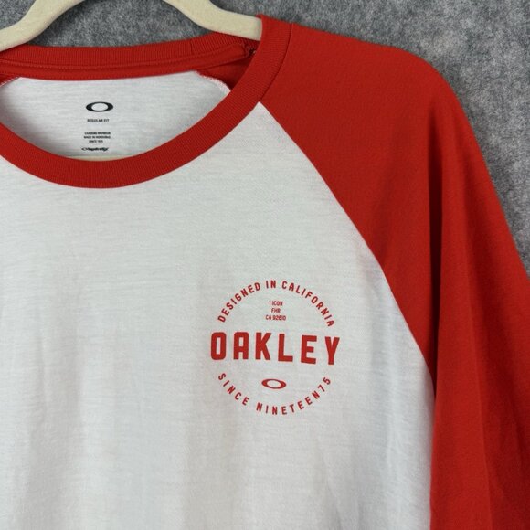 Oakley Men’s Raglan Baseball T-Shirt Size L Red Orange White 3/4 Sleeve Logo - Picture 2 of 10